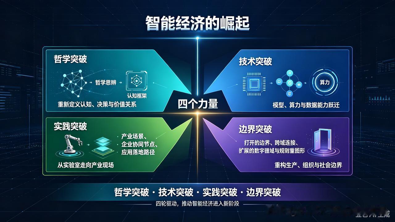 智能经济的崛起来自四个力量：哲学突破，技术突破，实践突破，边界突破
【前言】我们
