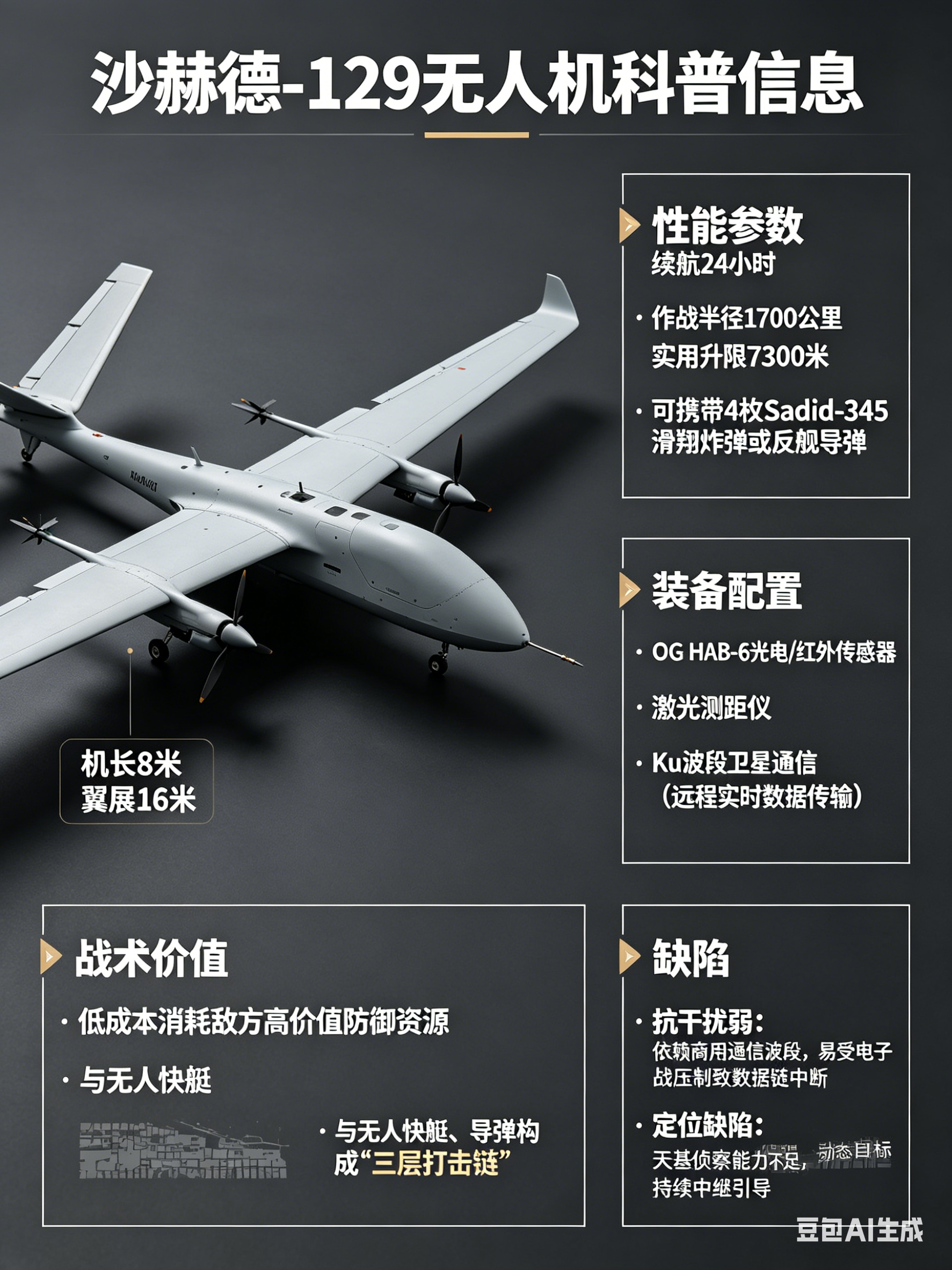 军事ai新视野 沙赫德-129无人机机长8米、翼展16米，续航24小时，作战半径