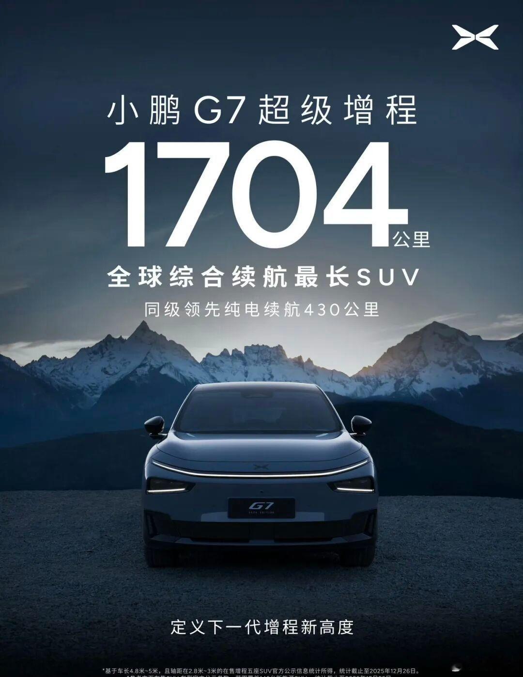 1704公里超长续航SUV小鹏G7来了【G7增程版综合续航1704km，2026