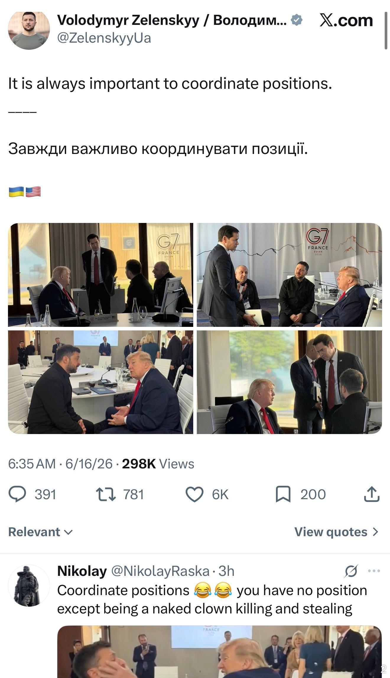 泽连斯基发了一条和川普、鲁彪的一组照片，附言：协调立场始终至关重要。底下最火美国