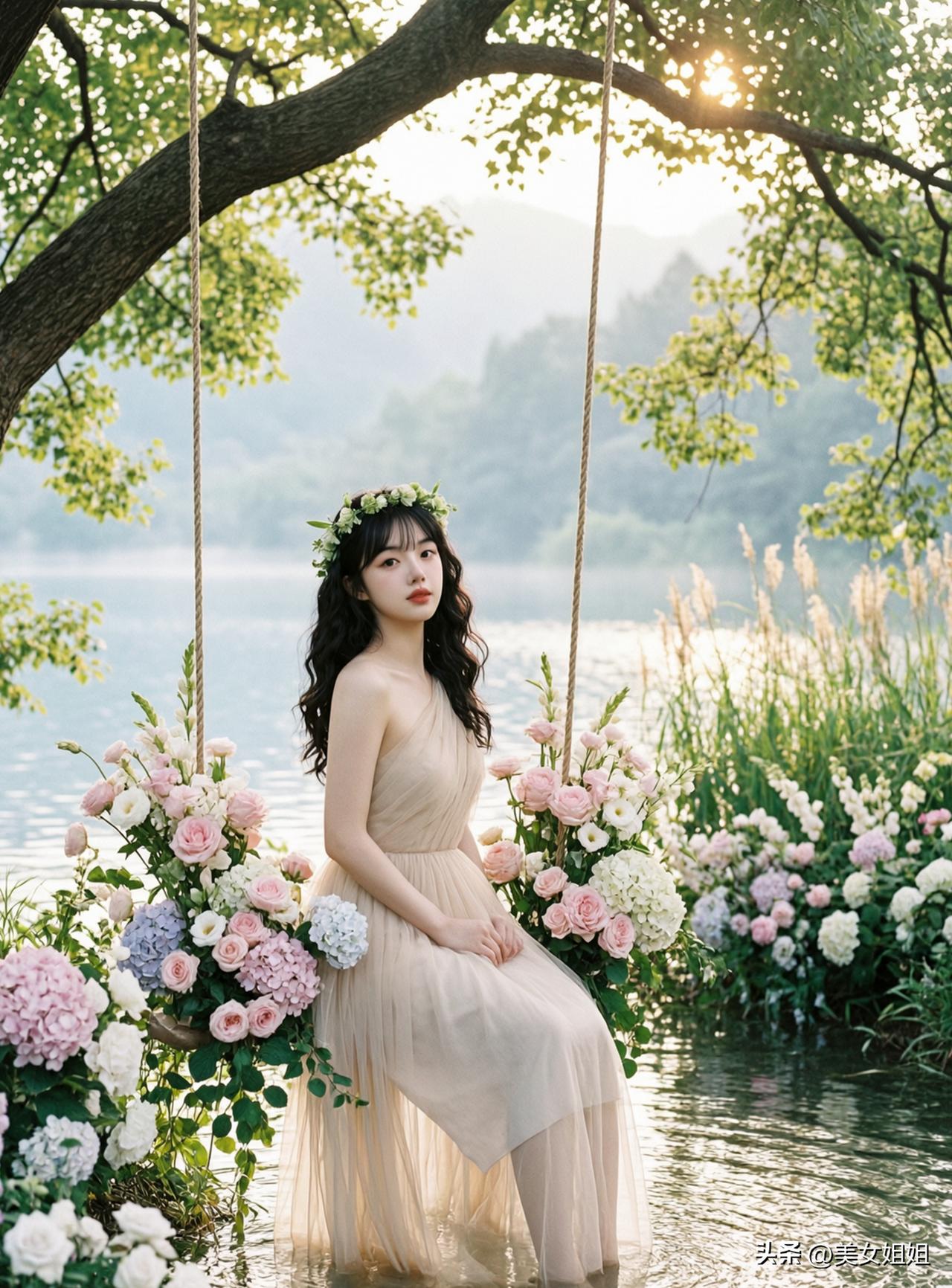 夏日生活打卡季 梦幻花海秋千，少女与花共舞