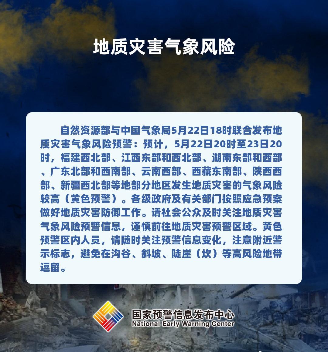 自然资源部与中国气象局5月22日18时联合发布地质灾害气象风险预警：预计，5月2