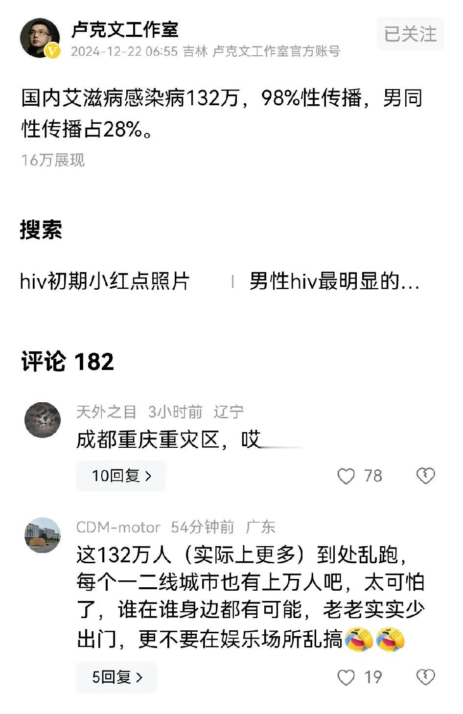 卢克文给出的艾滋病数据只是已经去登记本身数量，没有登记的肯定不止这些，这一百多万