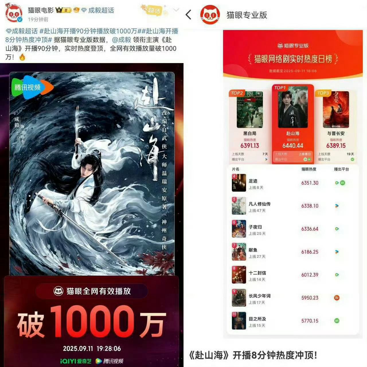 内娱每播一部双平台剧，就证明一次成毅赴山海的伟大！赴山海开播首日数据是非粉都会震