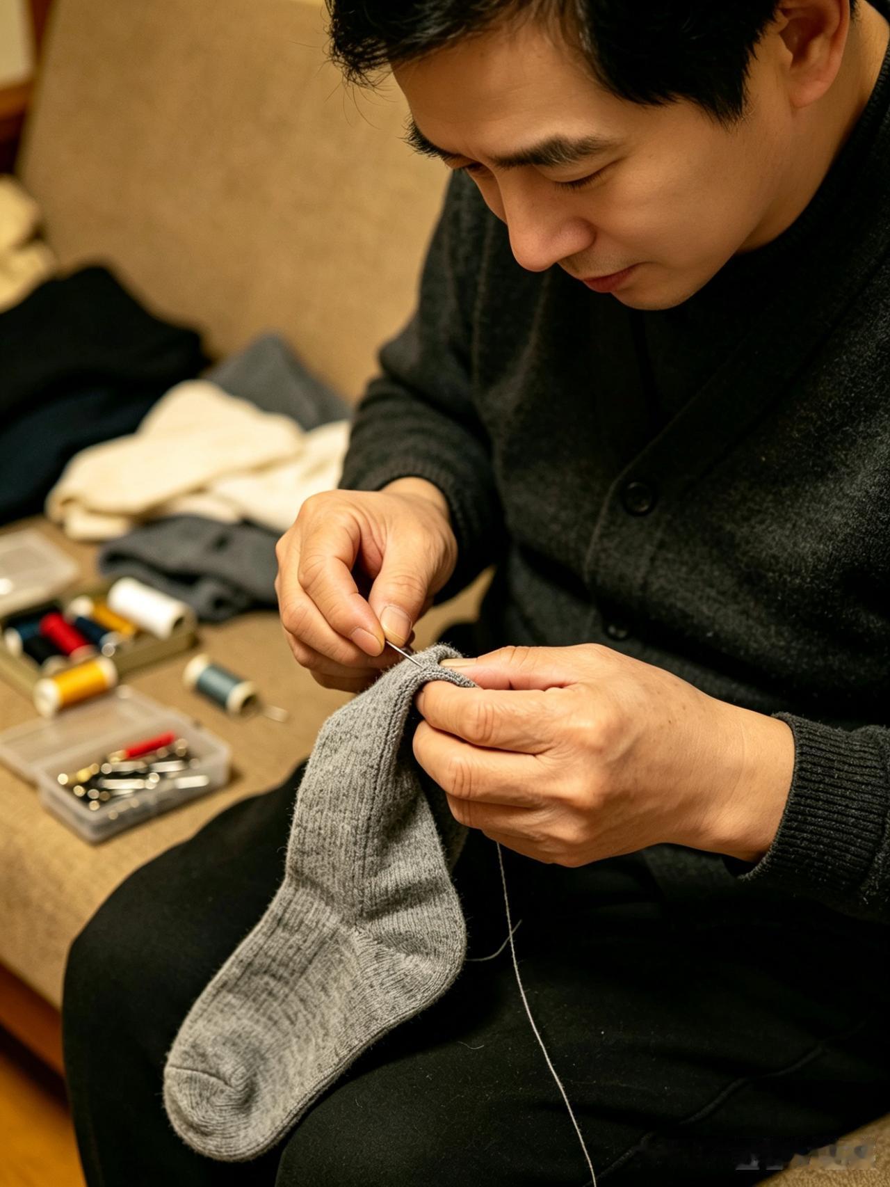 老公说他的袜子破了，让我给他买几双袜子，我说没钱，拿针缝缝自己再穿吧。
上个月开