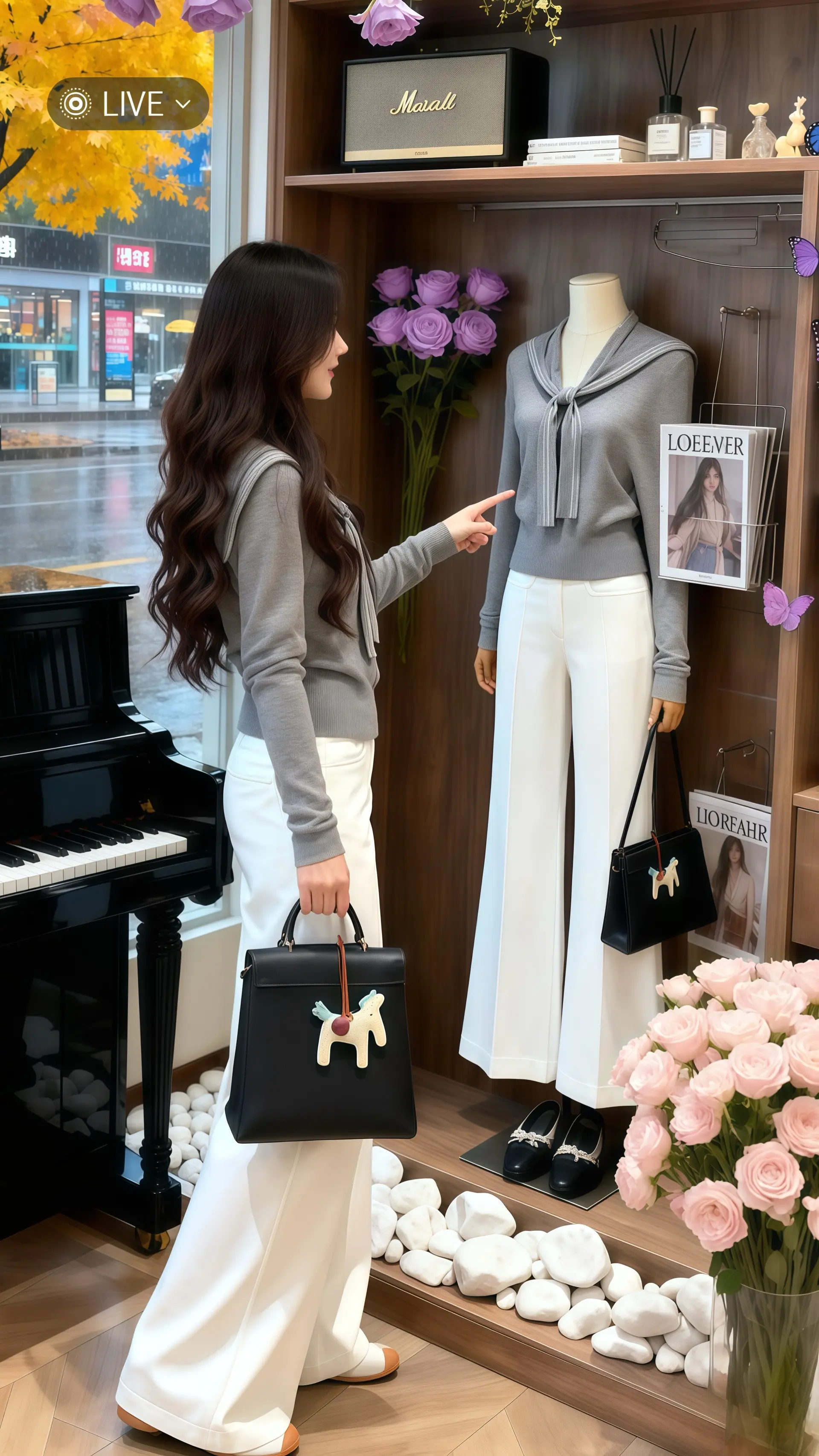 她穿着一套格雷系灰色披肩针织衫白色直筒牛仔裤两件套，慵懒地倚在温馨室内...