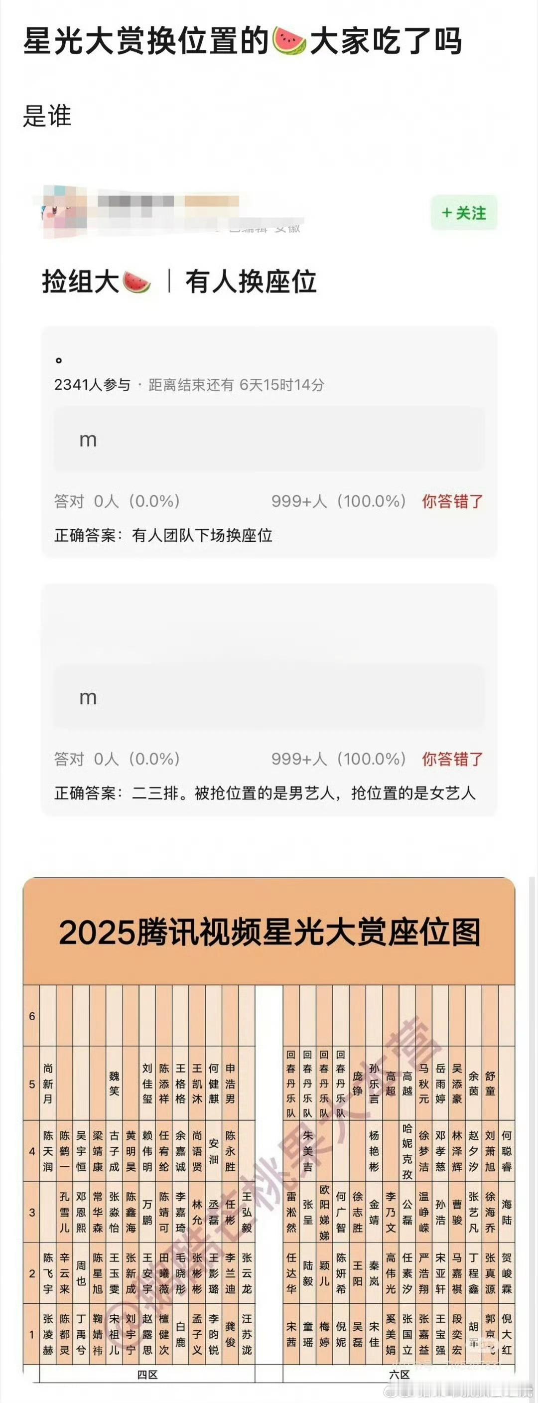 星光大赏换位置瓜 丞磊坐第三排座位拿第二排的奖 