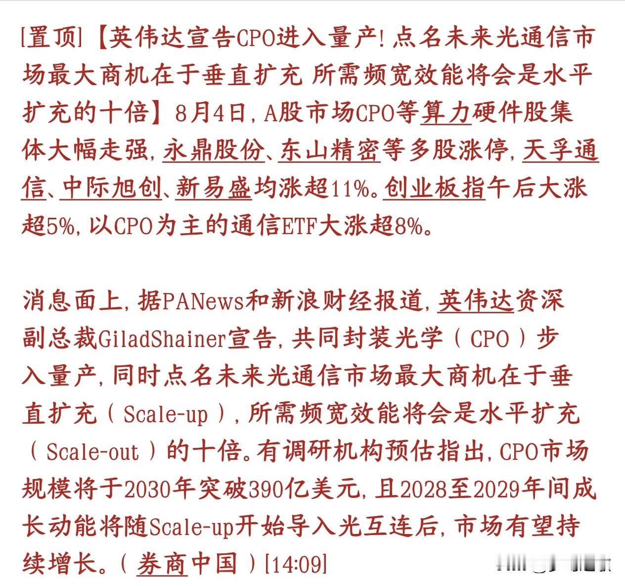 光通信再迎重磅消息，英伟达点名未来会有10倍机会
今天光模块板块暴涨，中际旭创，