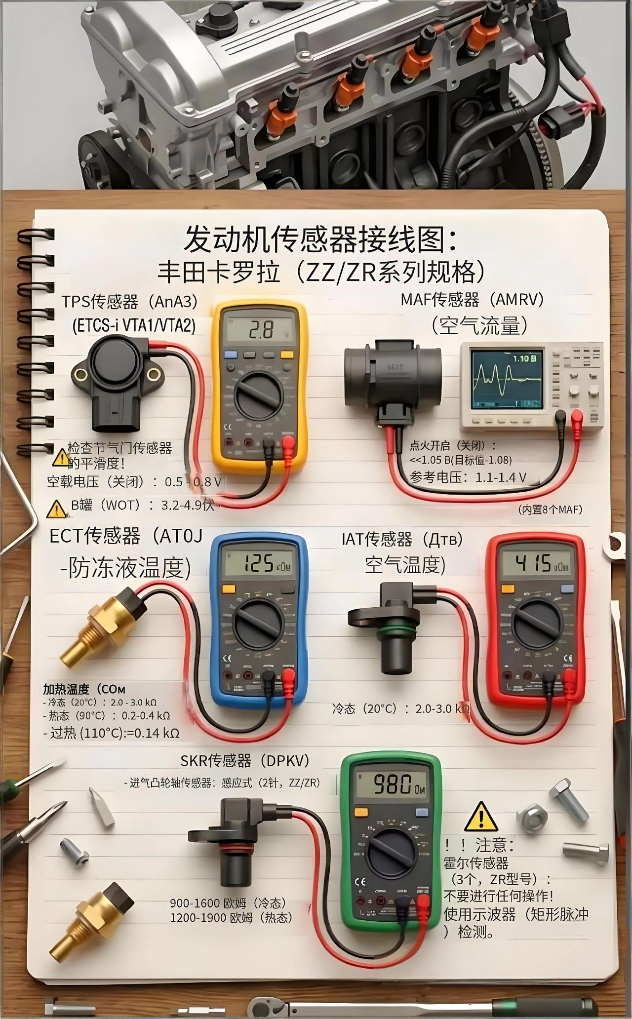 厌倦了盲目更换传感器？🔴
保存这份包含所有标准数值的对照表，别再对着丰田引擎盖