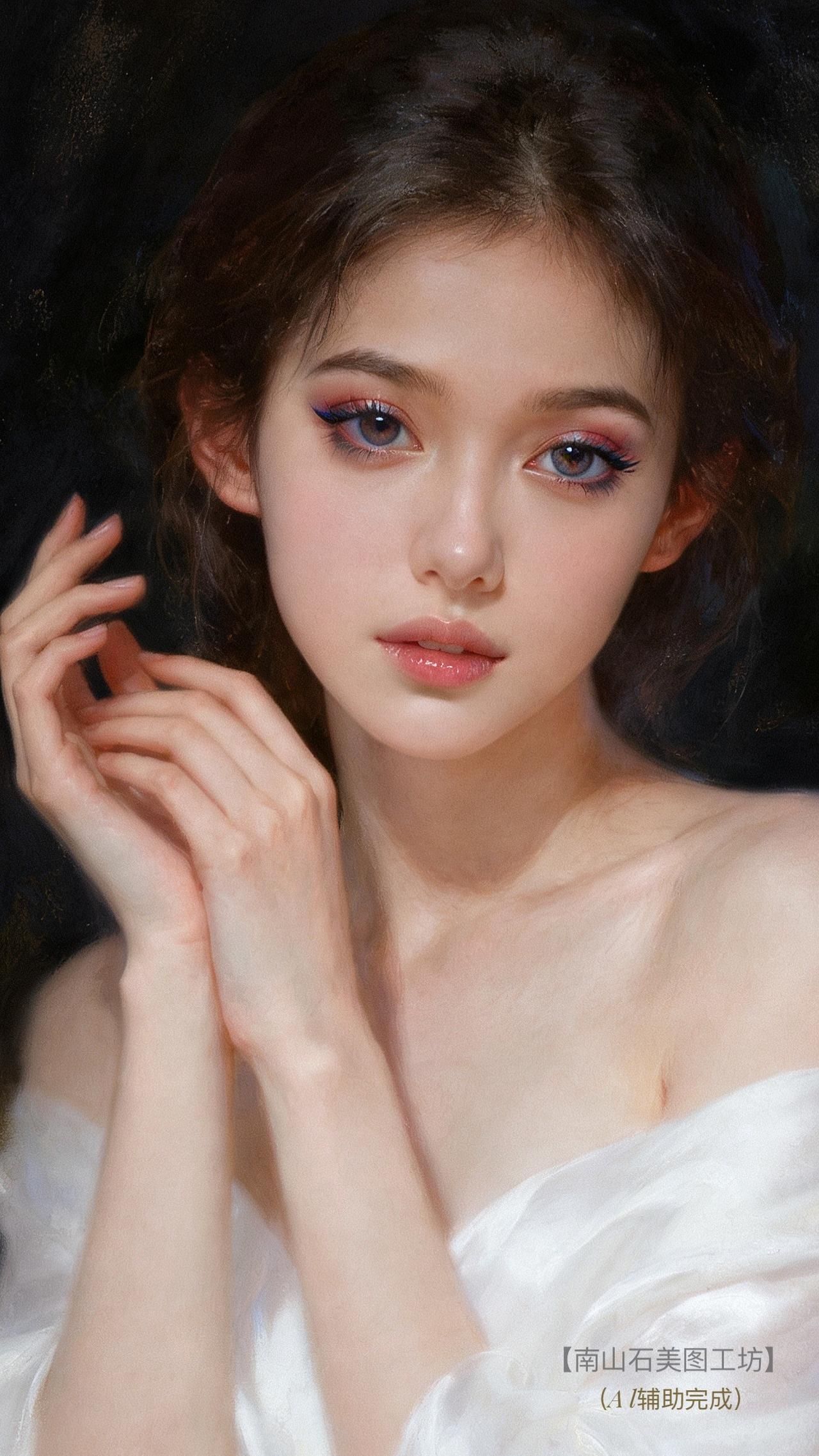 星眸漾着银河碎光，露肩白纱似云絮轻垂，指尖轻缠如蝶栖花枝。墨色背景一衬，她成了时