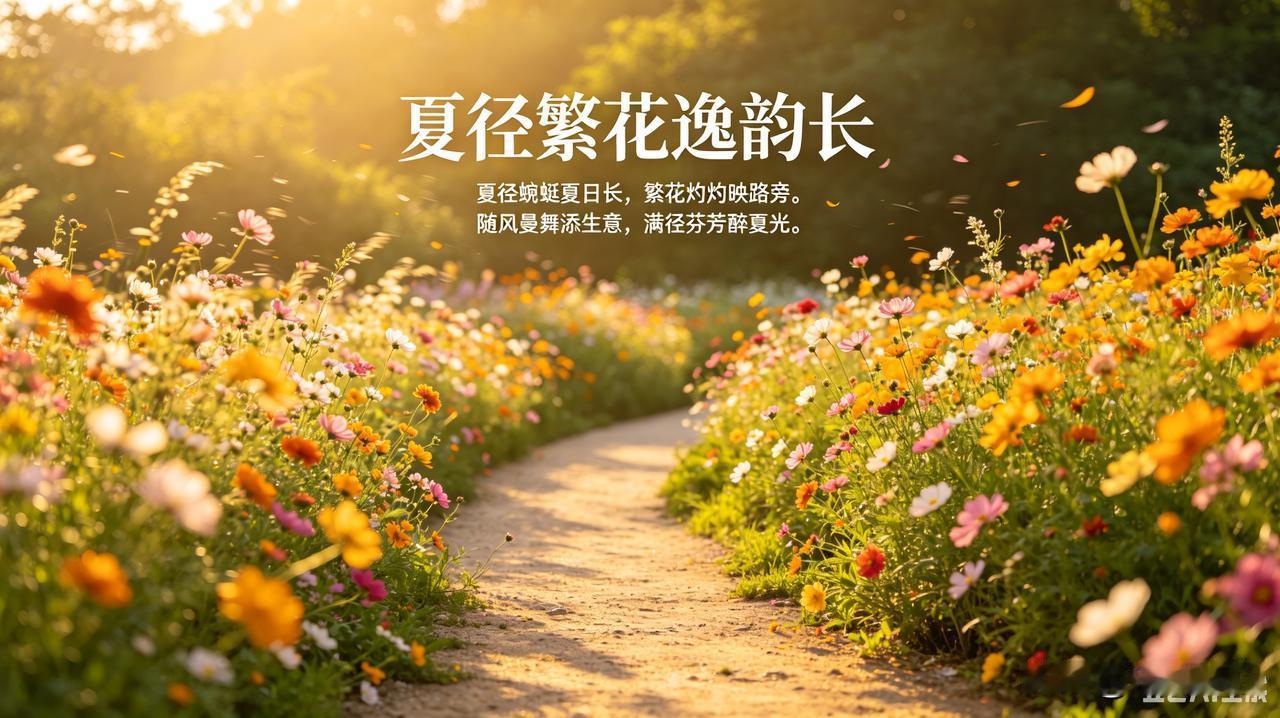 《夏径繁花花逸韵长》乐韵诗心原创诗词:
夏径蜿蜒夏日长，
繁花灼灼映路旁。
随风