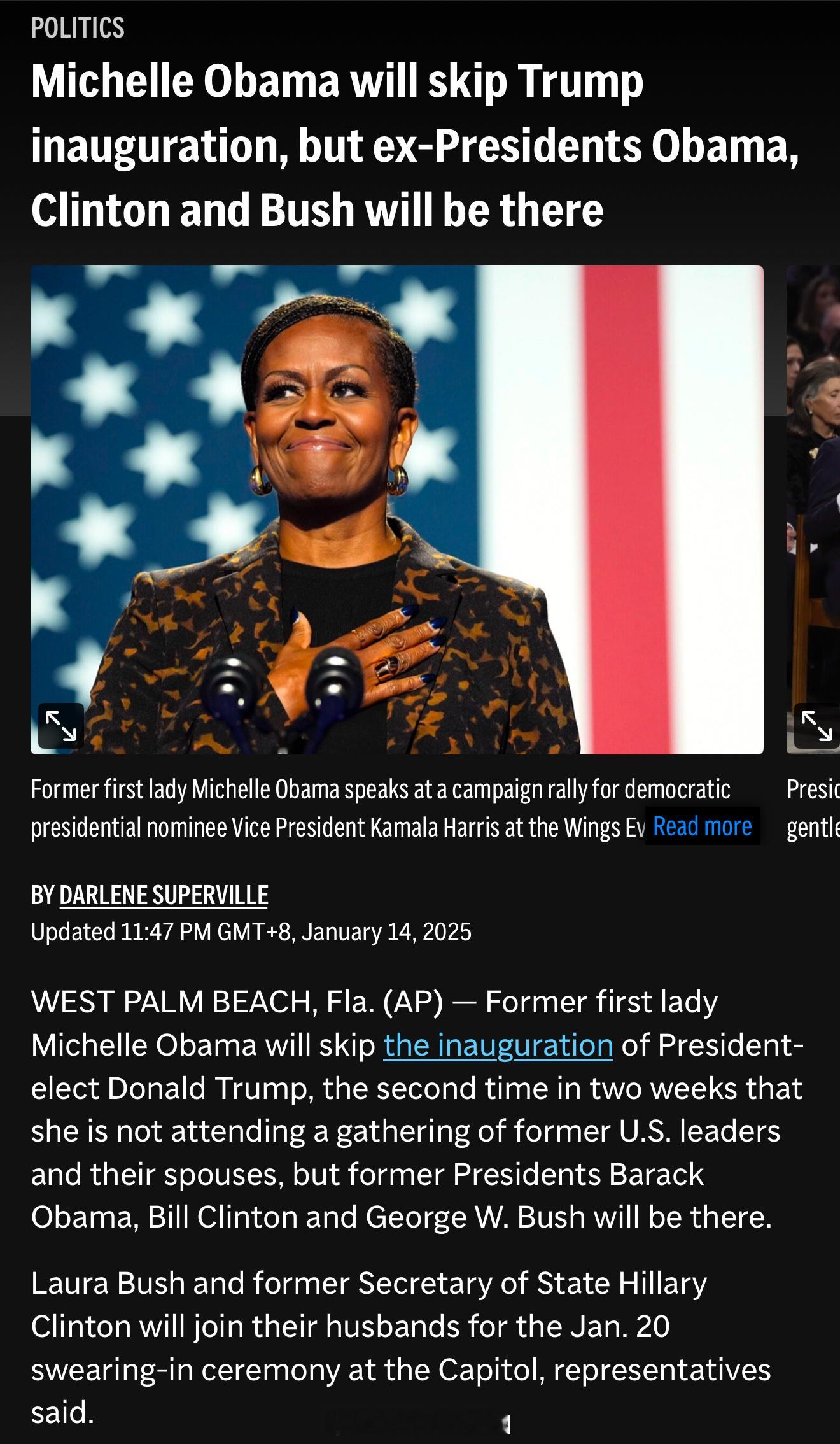 Michelle Obama将不会参加川普就职典礼，没给原因。上周卡特总统葬礼M