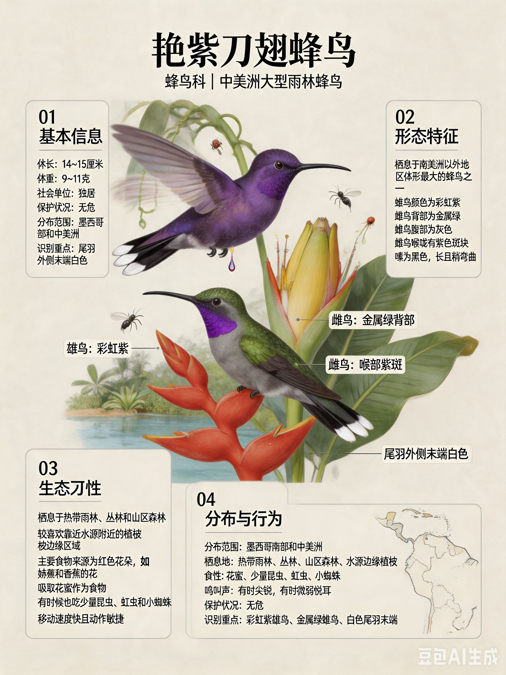 鸟类朋友图鉴 艳紫刀翅蜂鸟体长：14~15 厘米体重：9~11 克社会单位：独居