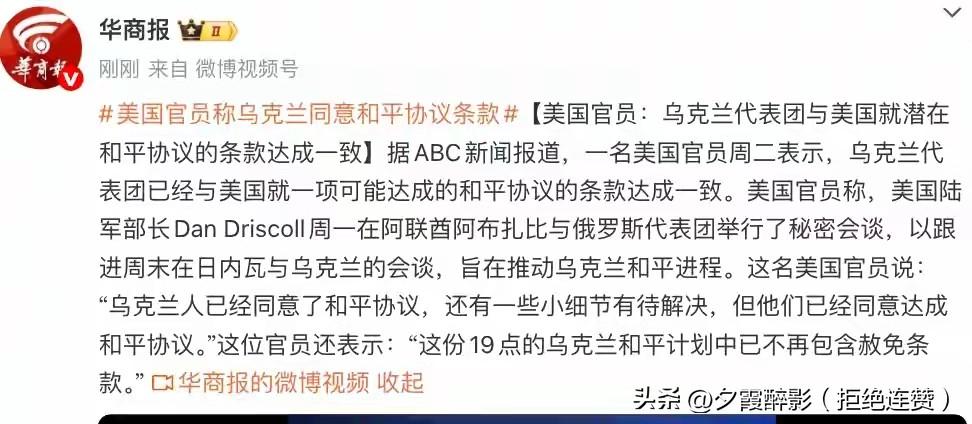 美乌和平协议有新进展！乌方已同意核心条款，冲突降温有盼头
 
美官员：乌克兰同意