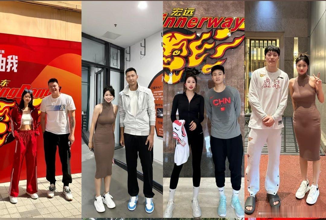这位美女跟众多广东男篮名宿合影，明显阿联比较拘谨内敛！cba易建联