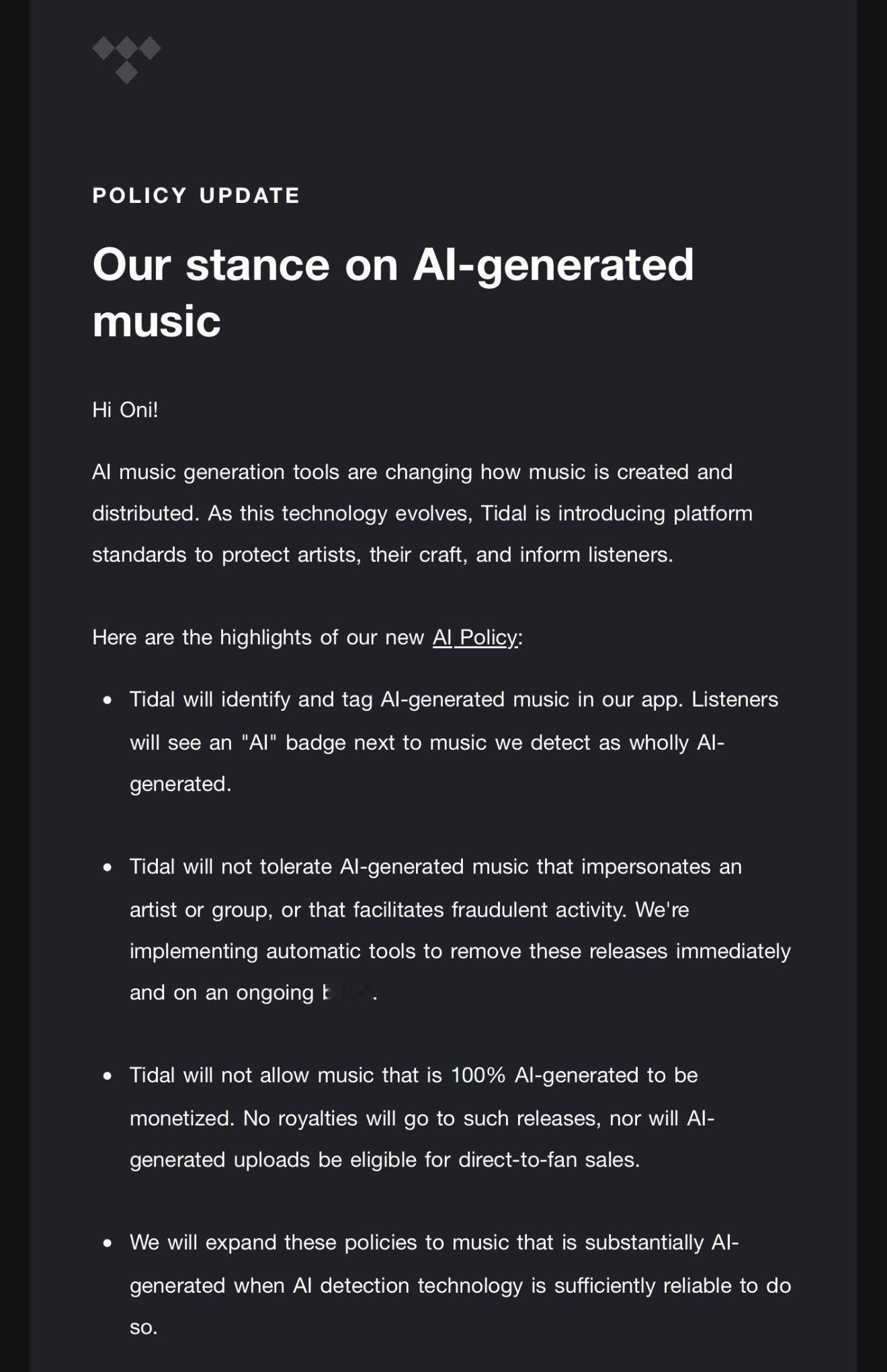 大师级音质流媒平台 Tidal 发布有关「AI音乐」的官方公告，新规则7月15日
