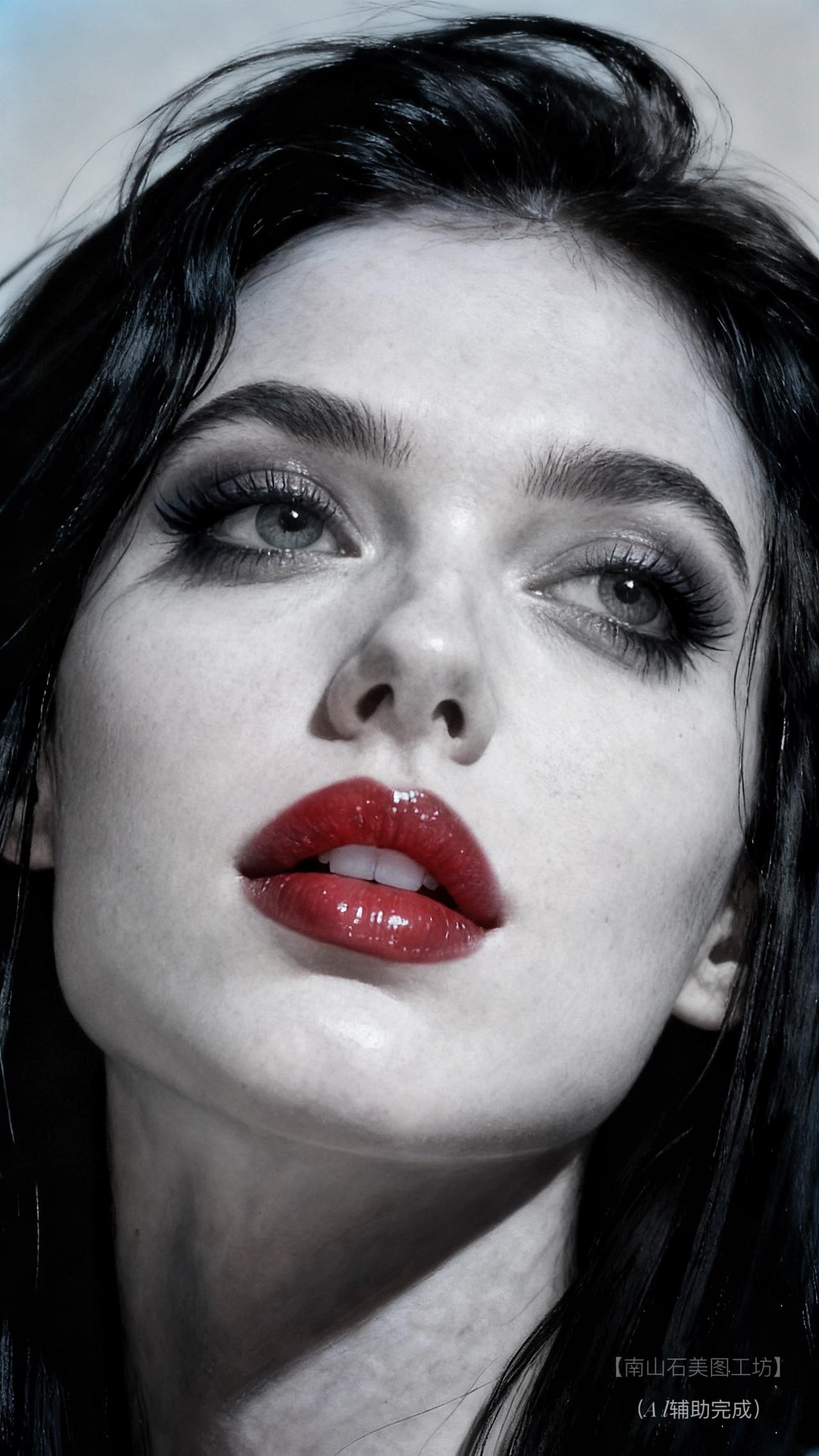 乌发如瀑垂落，眼妆晕染出深邃星夜，红唇似烈焰点亮冷调锋芒。光影雕琢间，冷艳与优雅