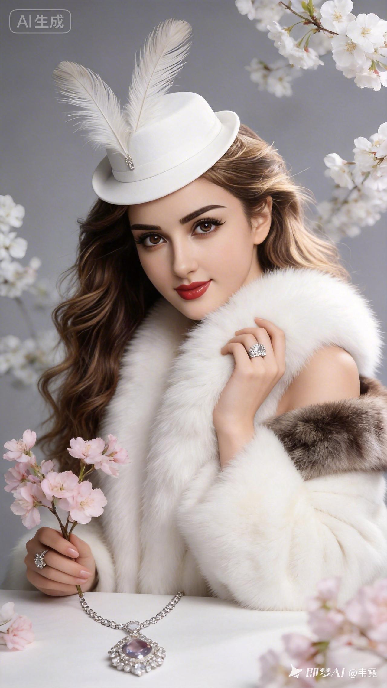 贵妇人褐金长卷盘发，歪戴饰羽毛的白色小圆礼帽，着白毛裘，露左肩，肤白莹润。指尖钻