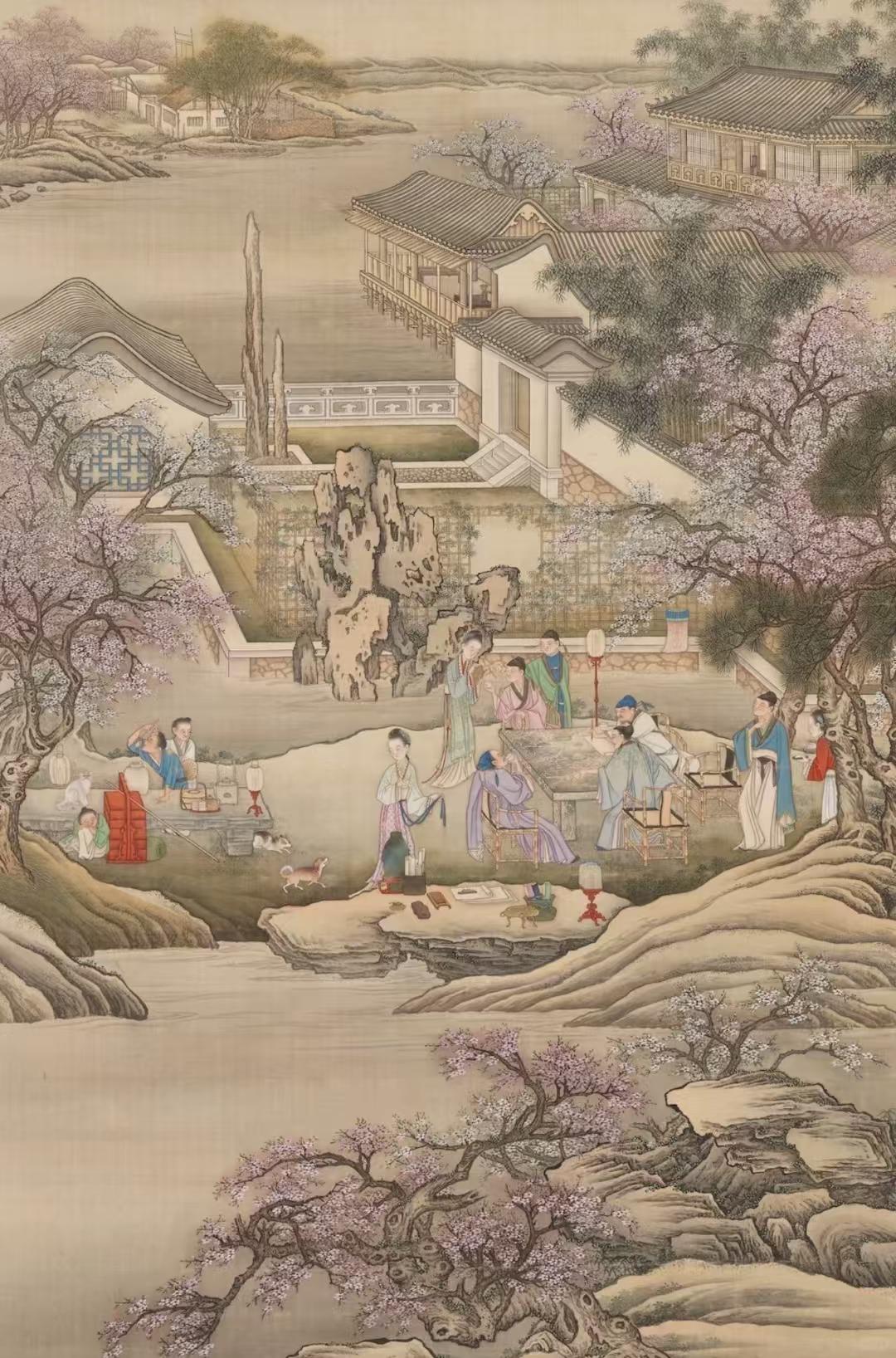 【古代的“小长假”都是怎么过的？|清代冷枚《春夜宴桃李园图》】
画面中心的庭院中