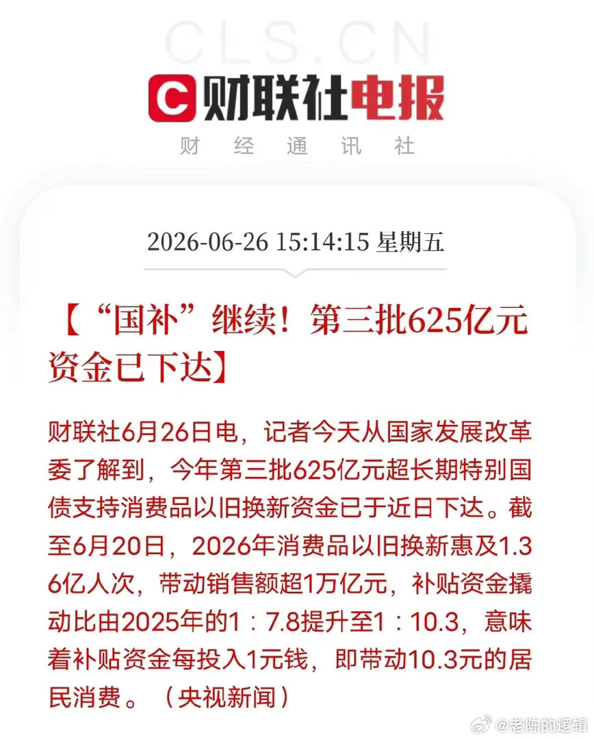 以旧换新红利再加码，625亿国债落地，消费拉动效率大幅飙升第三批625亿元以旧换
