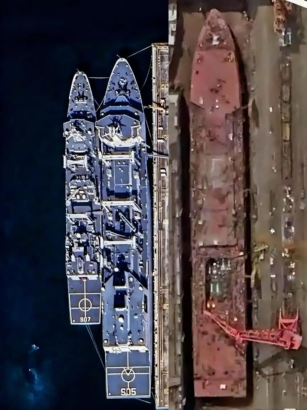 这是一张1:1同比例的补给舰拼接对比图，左边2艘是中国海军现役的补给舰航拍图，右