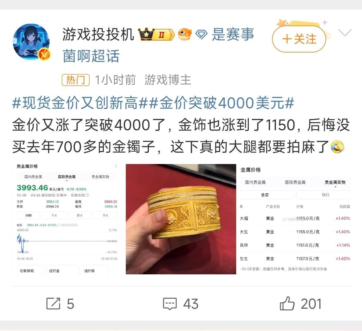 金价又涨了 就像前天说的了[二哈]要买就赶紧买了，别等了哈哈 ​​​