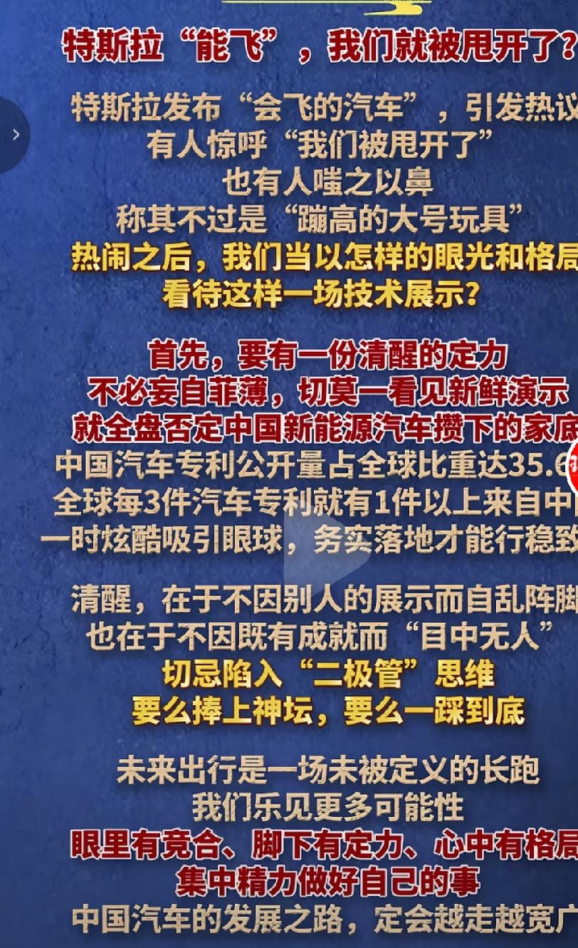 媒体做出了点评对特斯拉汽车展示的会飞技术，🈶一部分人觉得咱们又输了，特斯拉会飞