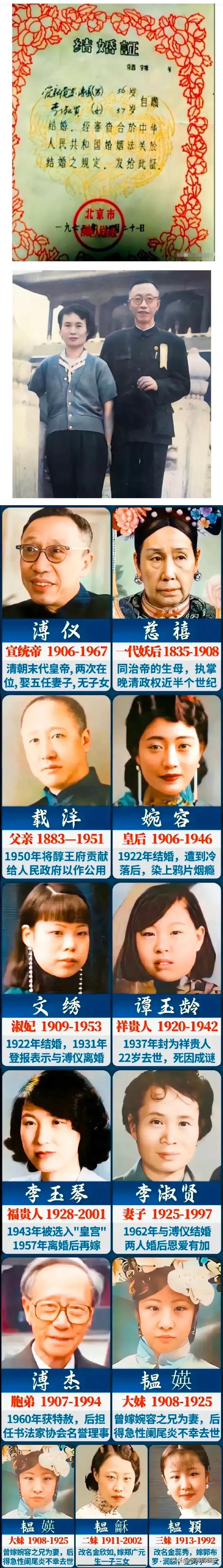 末代皇帝溥仪唯一的妻子是谁？如图所示，溥仪1962年与李淑贤的“结婚证”，并花钱