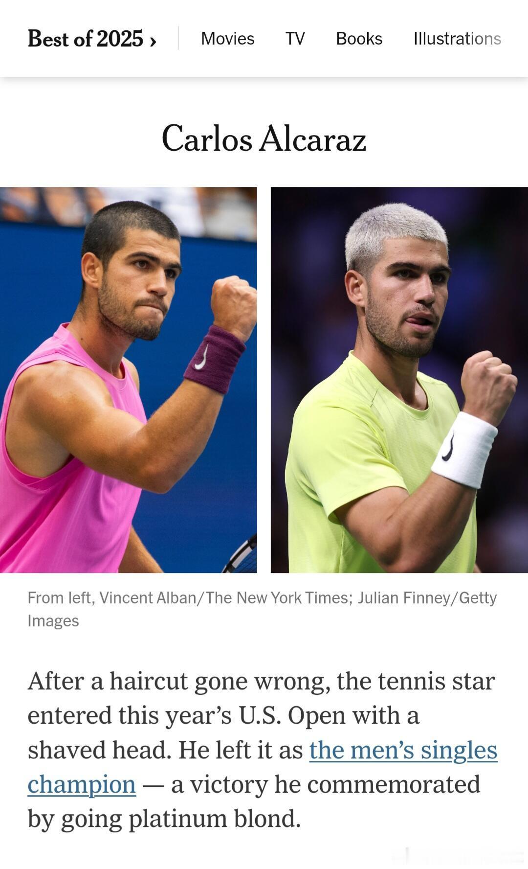 2025最时尚名人 阿尔卡拉斯上榜纽约时报评选2025最时尚的67位名人，阿尔卡