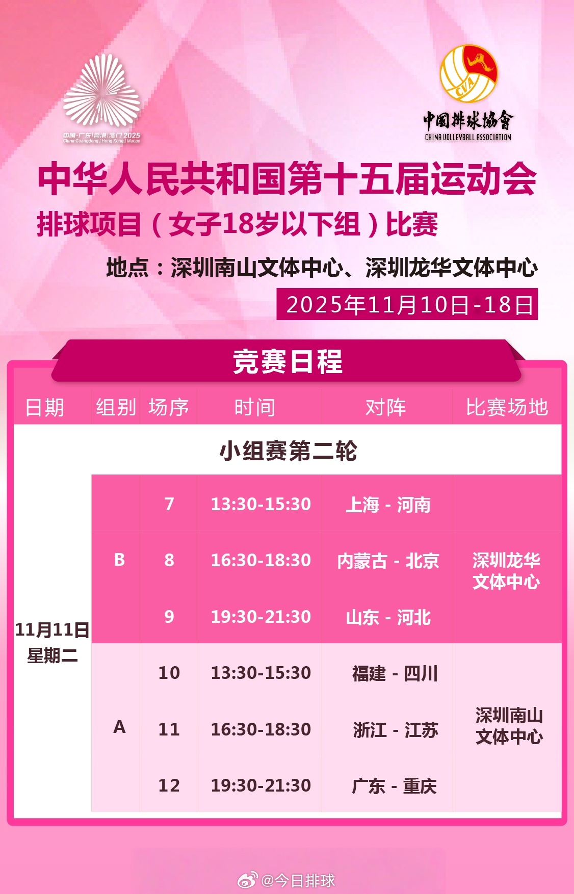 第十五届全运会 U18女排小组赛今天（11月11日）的竞赛日程，比赛在央视频、央