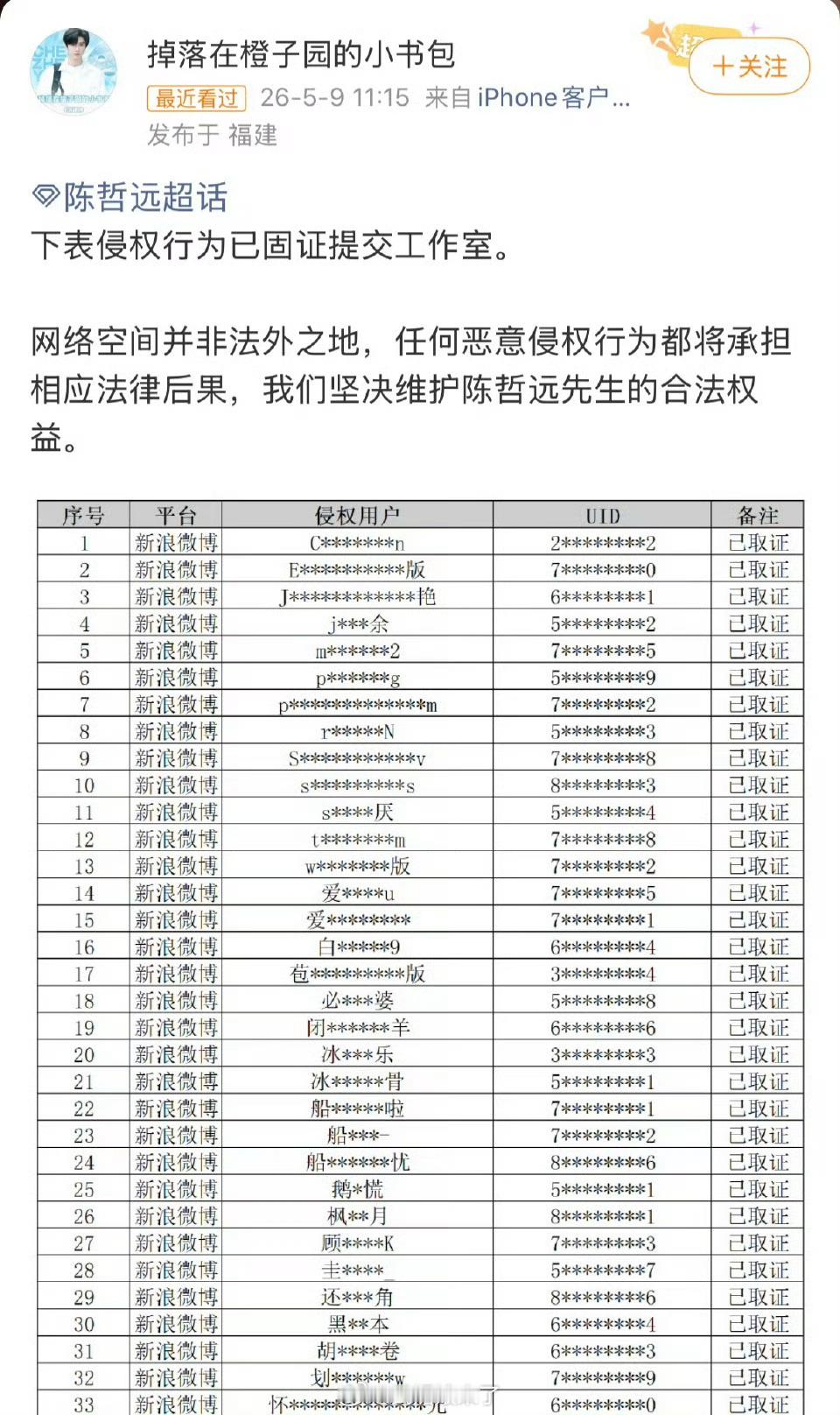 陈哲远方也发布维权告黑名单 