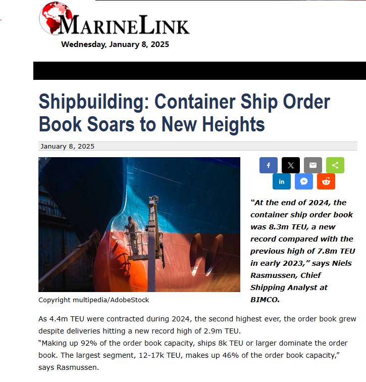 2024年集装箱船订单井喷式增长，中国成最大赢家！

根据航运网站MarineL