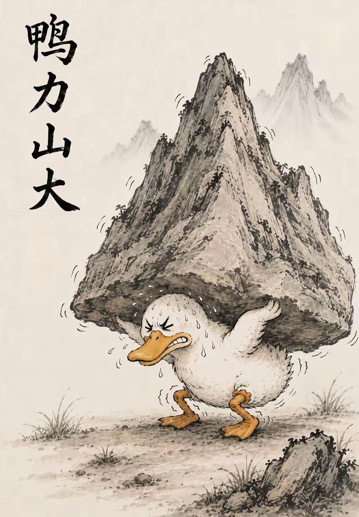 图1鸭驼着山寓意“压力山大”，图2是什么意思有谁知道？