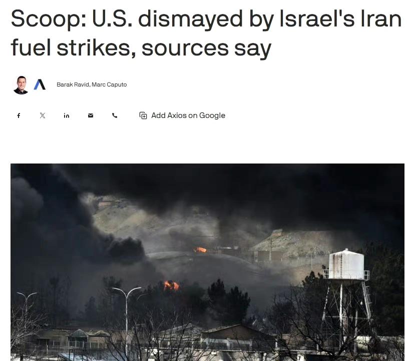 据Axios报道，以色列对伊朗30个石油设施的袭击引发了美国和以色列之间的重大分