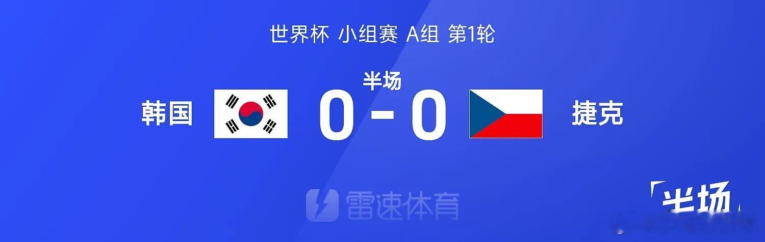 韩国vs捷克 26赛季世界杯小组赛A组第1轮，韩国迎战捷克。半场战罢，双方比分暂