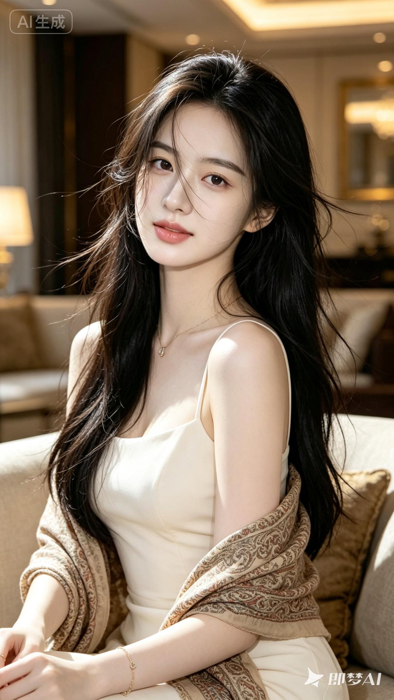 一个长发美女坐在沙发上。