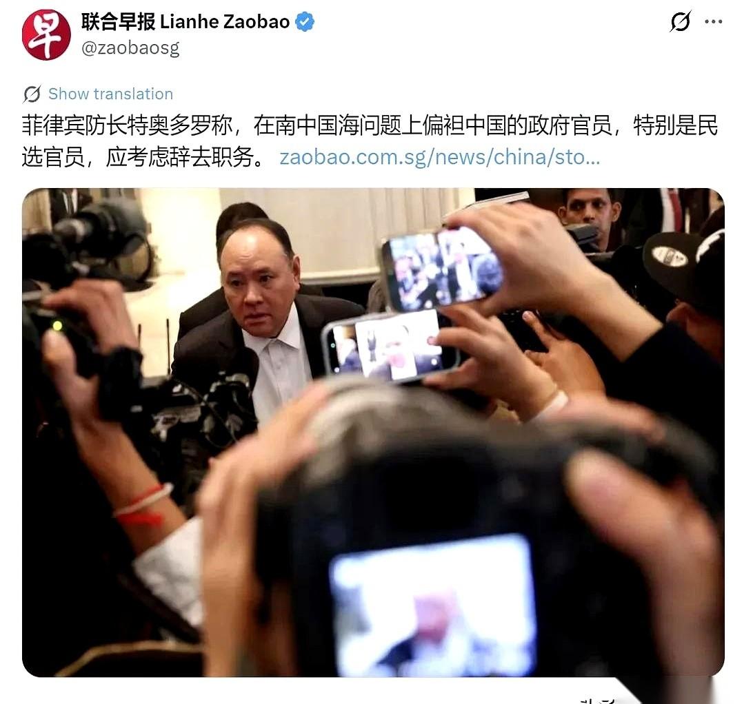 据外媒8月2日消息，菲律宾防长特奥多罗在媒体前抛出一句狠话：“那些在南海问题上向