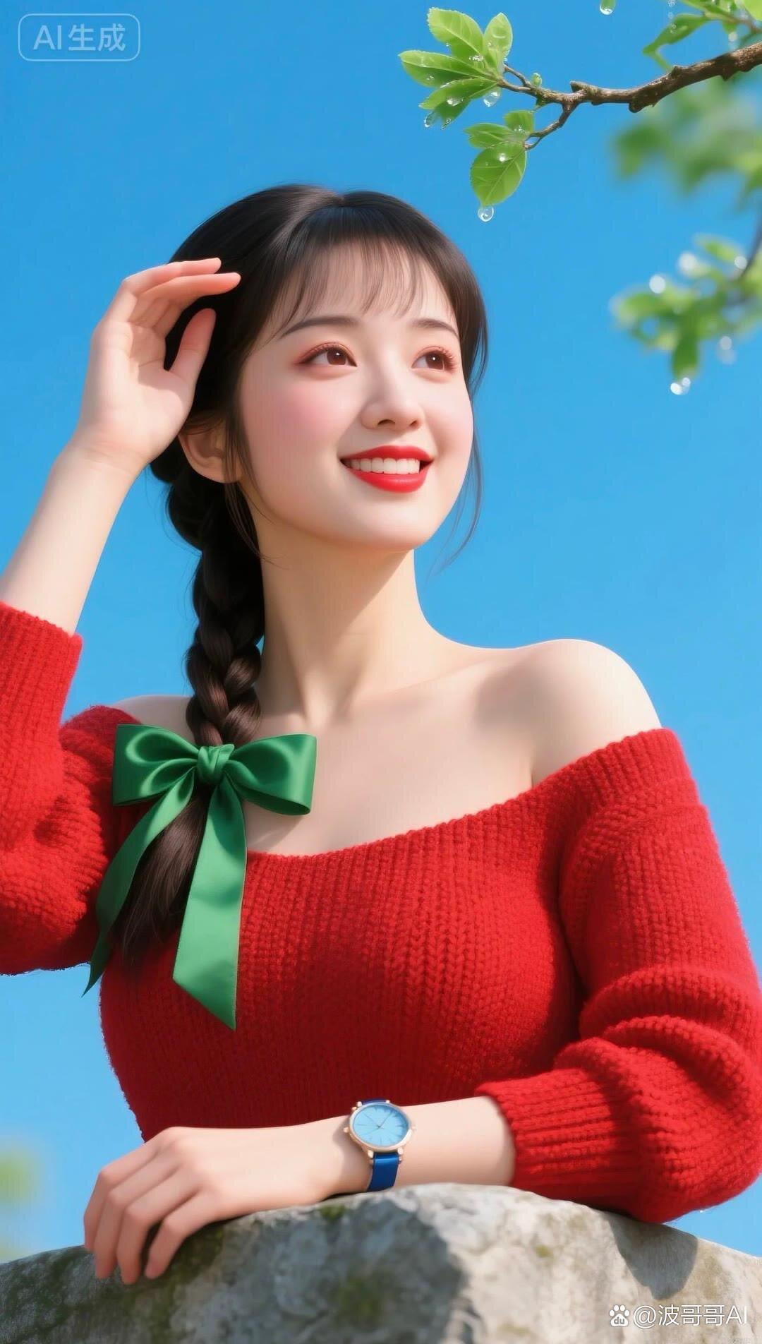 阳光明媚的午后，红衣少女与绿意盎然相映成趣。🌞💚👗