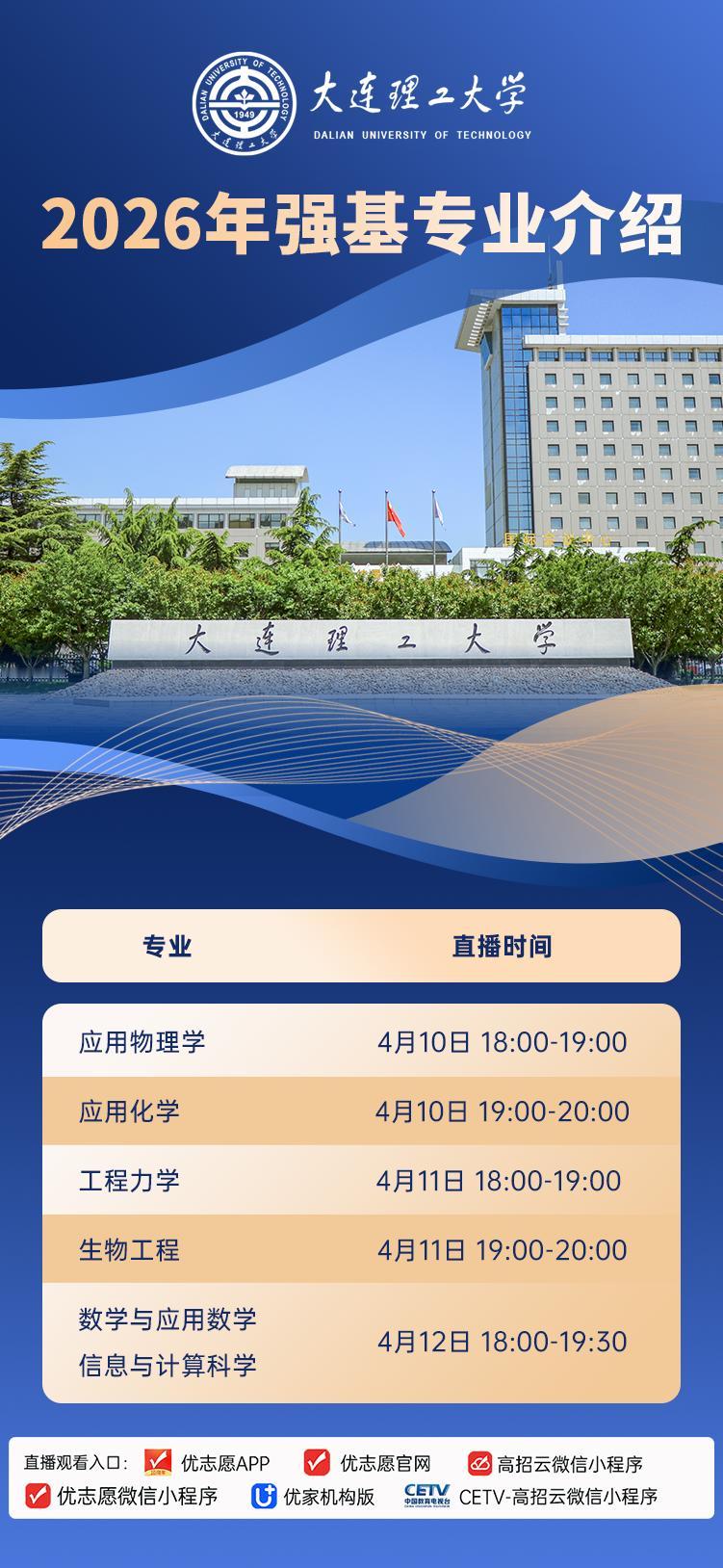 各位同学和家长朋友们，大连理工大学即将开启2026年强基专业介绍直播系列活动！