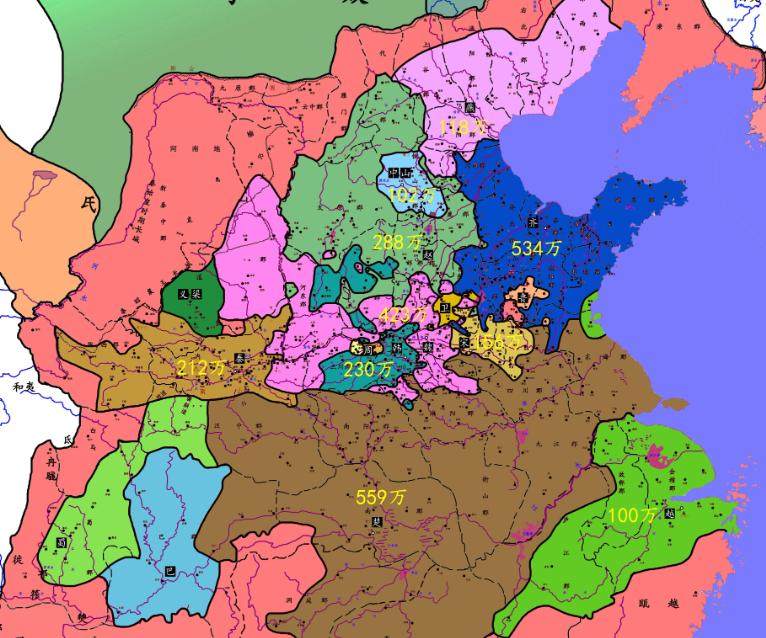 公元前400年的各国人口：
第一名：楚国559万；
第二名：齐国534万。
第三