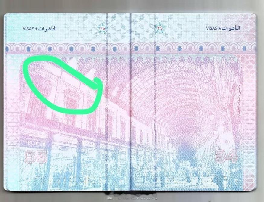 叙利亚护照包括一张大马士革著名的历史市场Souq al-Hamidiyah的照片
