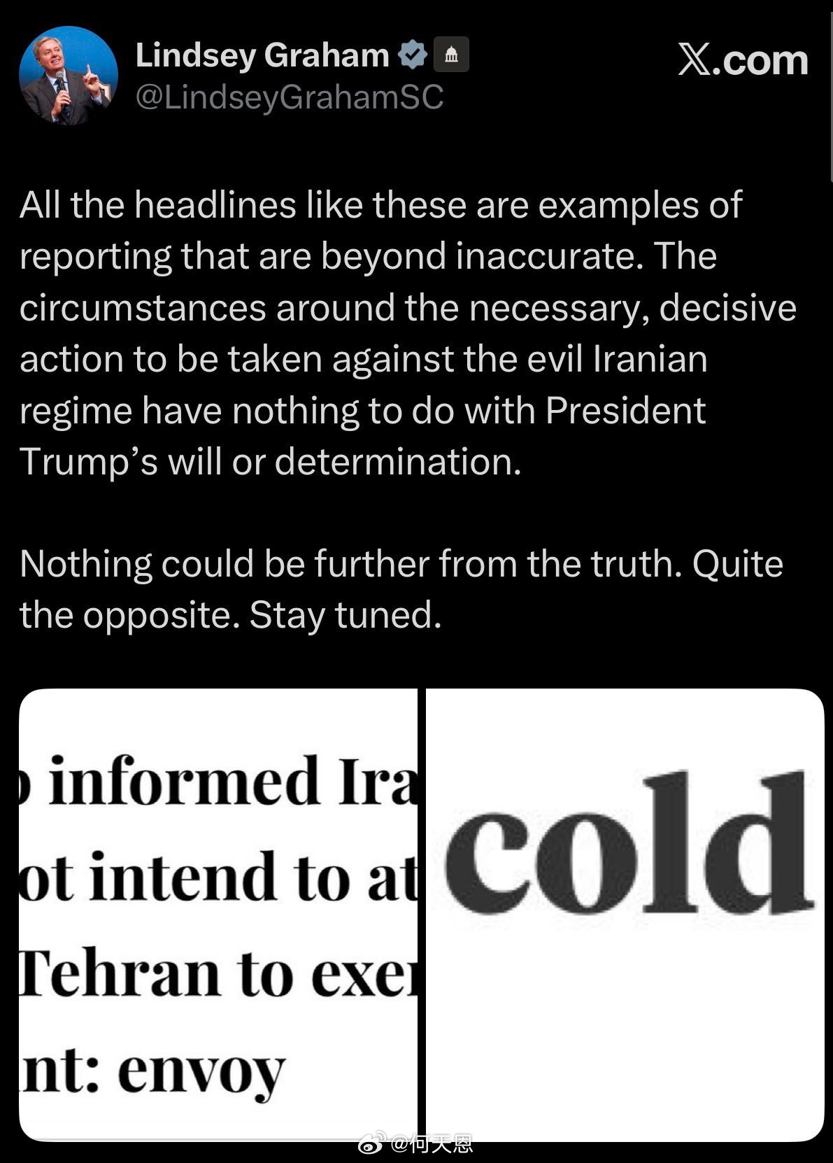 格雷厄姆参议员就有关特朗普在伊朗问题上有所缓和的报道发表看法：诸如此类的各类头条