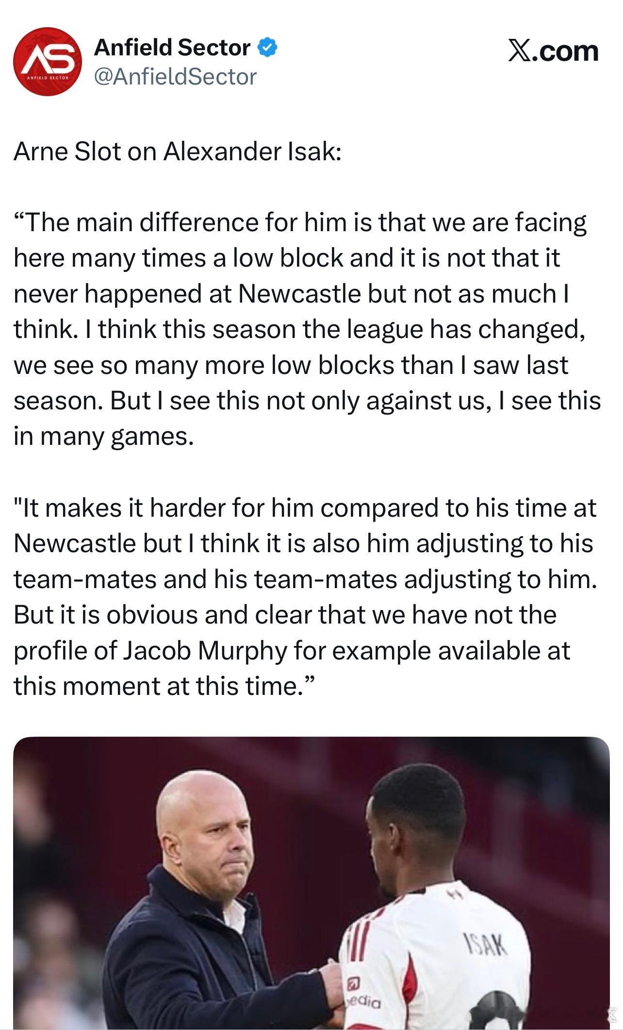 斯洛特谈伊萨克这部分有点意思“对于伊萨克来说最主要的问题是我们这赛季面临了很多次