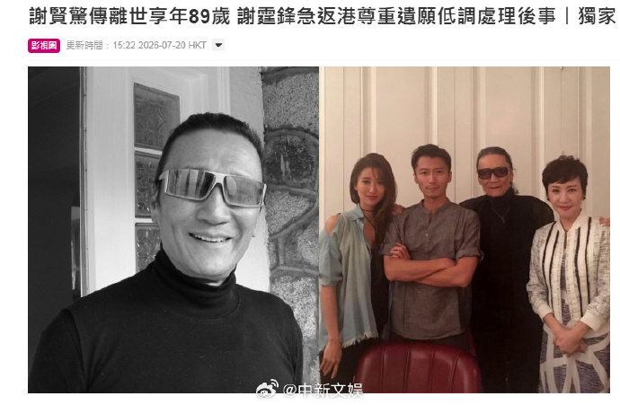 【#港媒曝谢贤去世#】#谢贤离世# 据港媒，一代红星“四哥”谢贤今日（20日）传