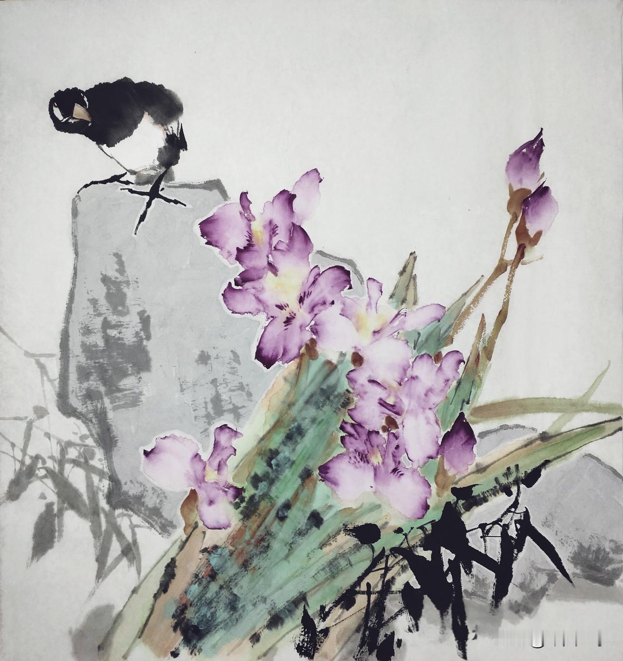 奇石玲珑漏影清， 
幽兰吐翠倚云生。 
风前细竹摇轻翠， 
鸟儿飞来不作声。
[