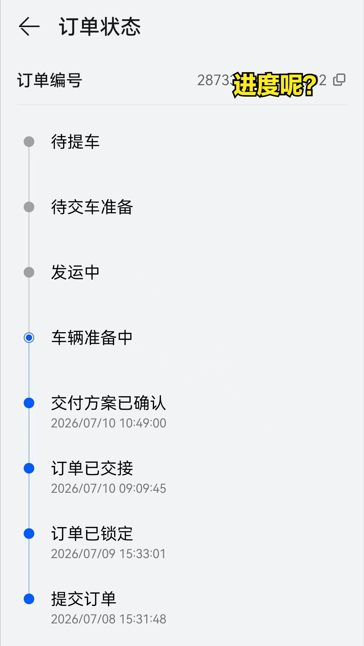 为什么车辆交付进度在生产厂家那里就卡了壳呢？

现在购买汽车，进度可以在APP上