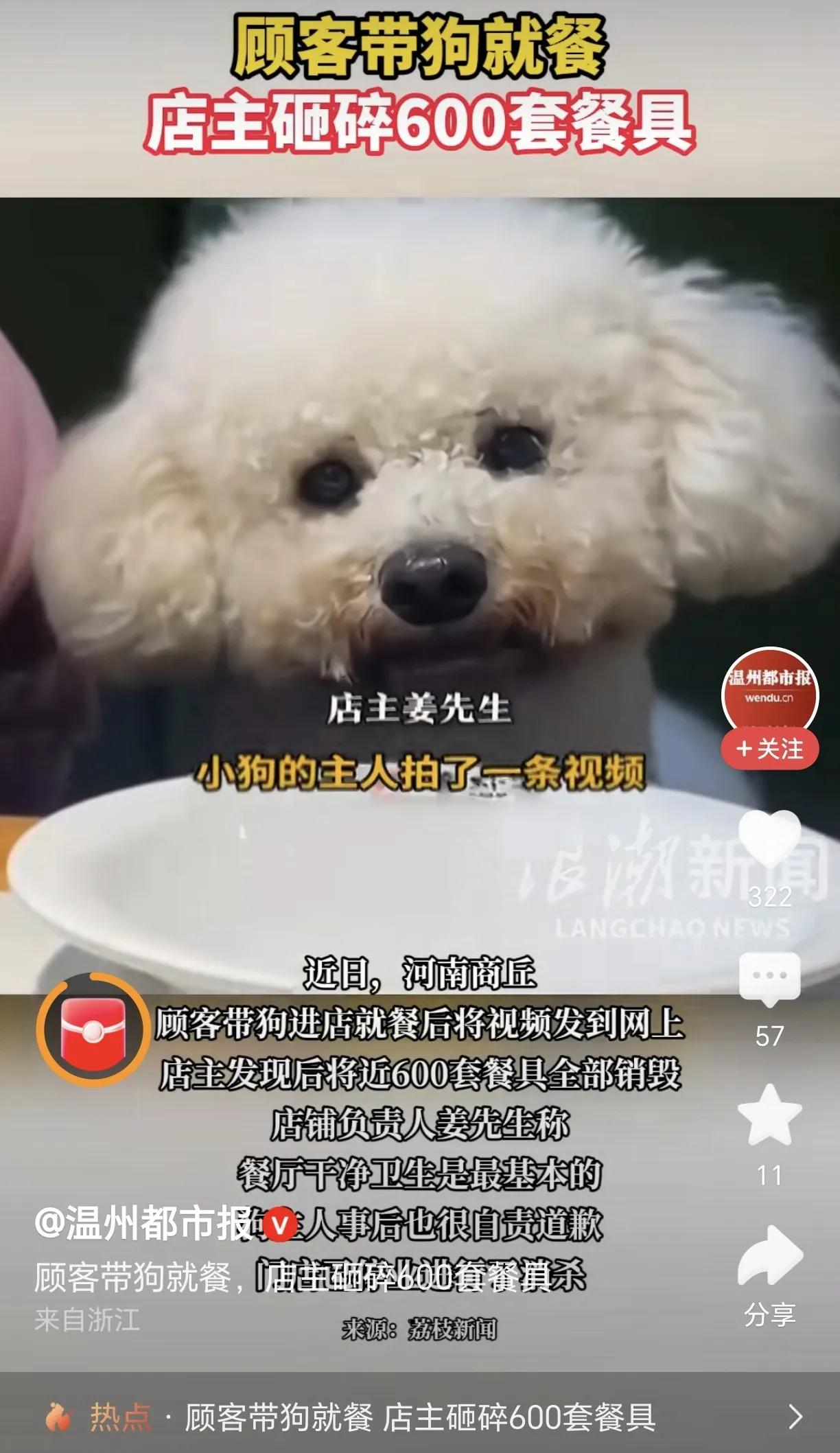 一顾客带宠物狗进店就餐并且拍视频发到网上，店铺主人看到后就将600多套餐具全部销