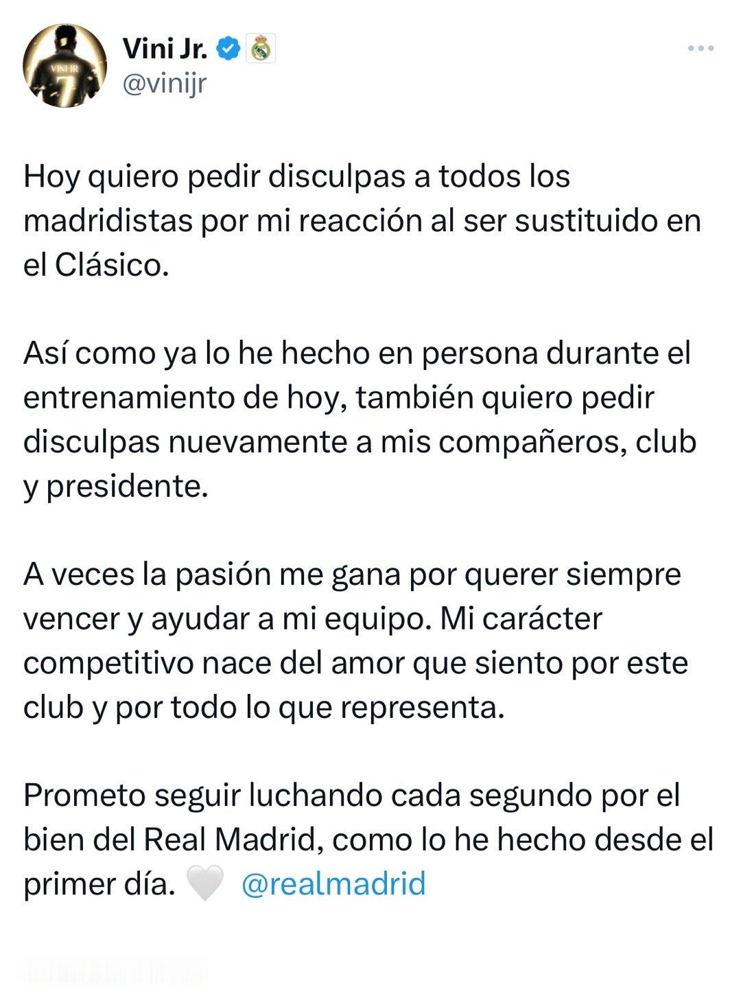 Vini：今天我想要为我在国家德比被替换后的表现，向所有美凌格道歉。在今天的训练