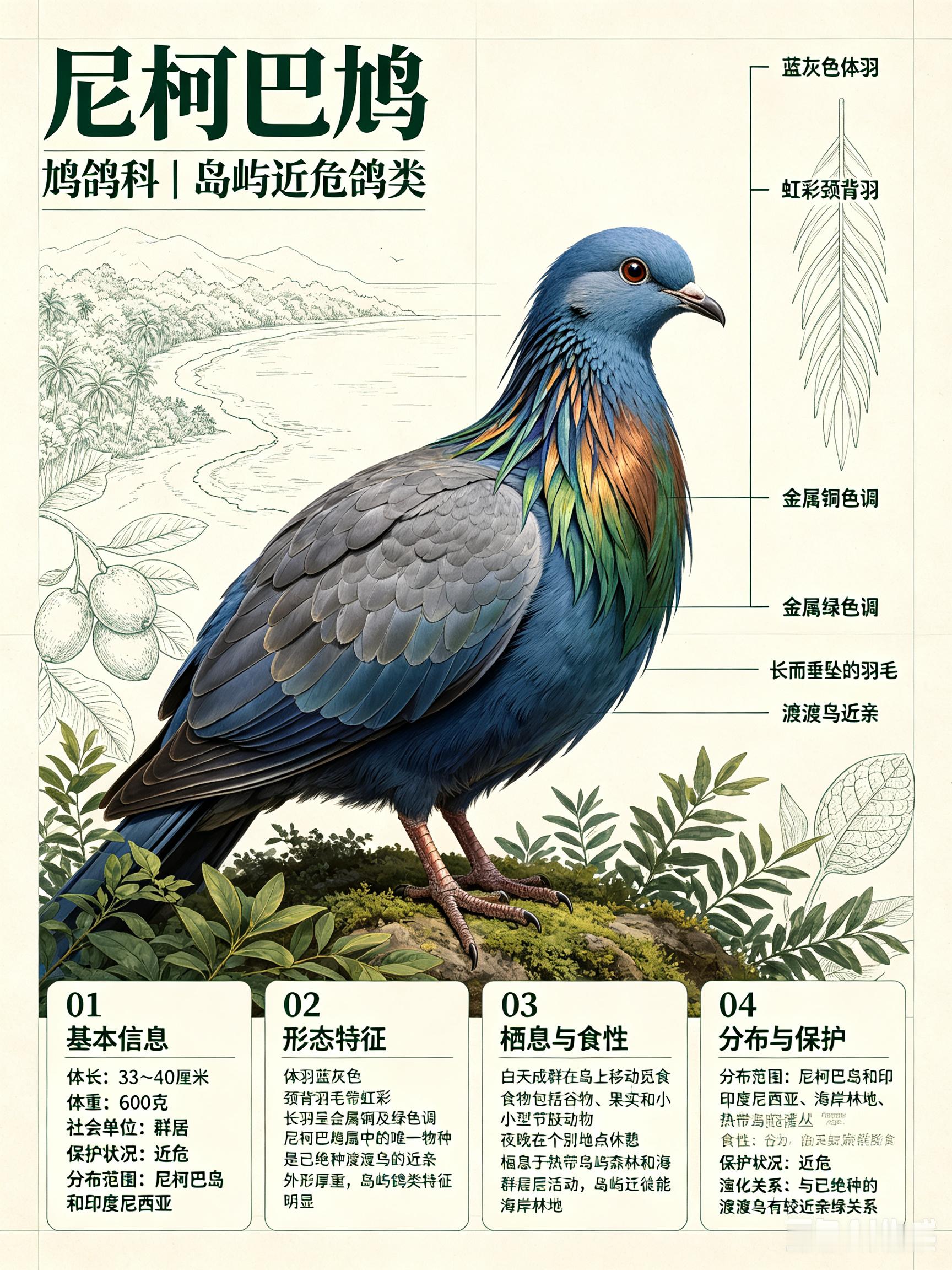 鸟类朋友图鉴 尼柯巴鸠体长：33~40 厘米体重：600 克社会单位：群居保护状