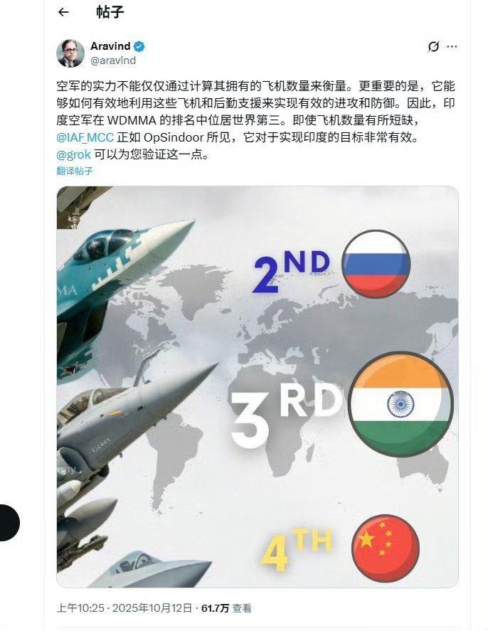 世界现代军用飞机名录 (WDMMA) 网站发布2025年度全球空中力量排名。中国